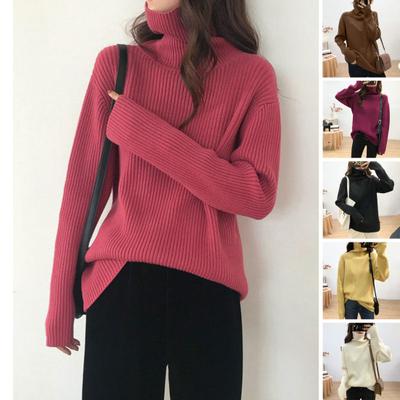 Women Autumn Winter Solid Color Sweater Turtleneck Long Sleeve Ribbed Knitted Pullover Tops Loose Fit Knitwear