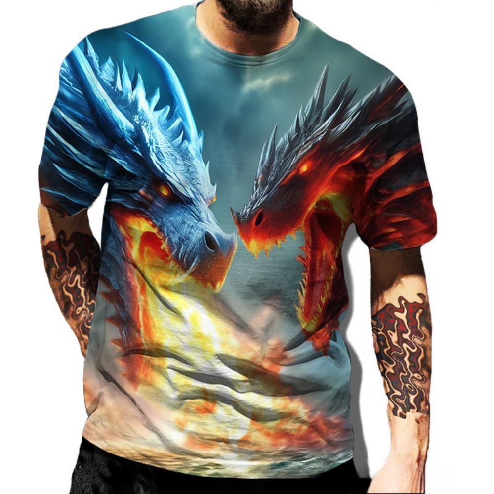Summer Round Neck 3D Dragon Series Print Top Fashionable Casual Short Sleeved Men's T-shirts