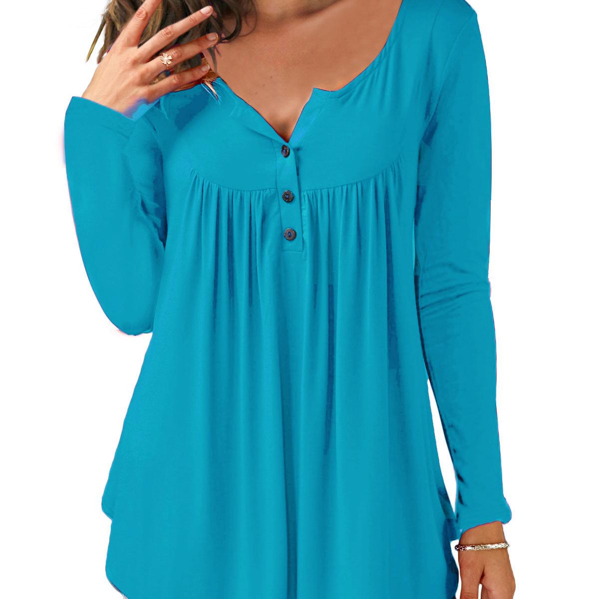 

Женские повседневные свободные футболки с длинными рукавами, однотонные плиссированные туники на пуговицах, топы с v-образным вырезом, женские пуловеры, топы, летняя одежда XL