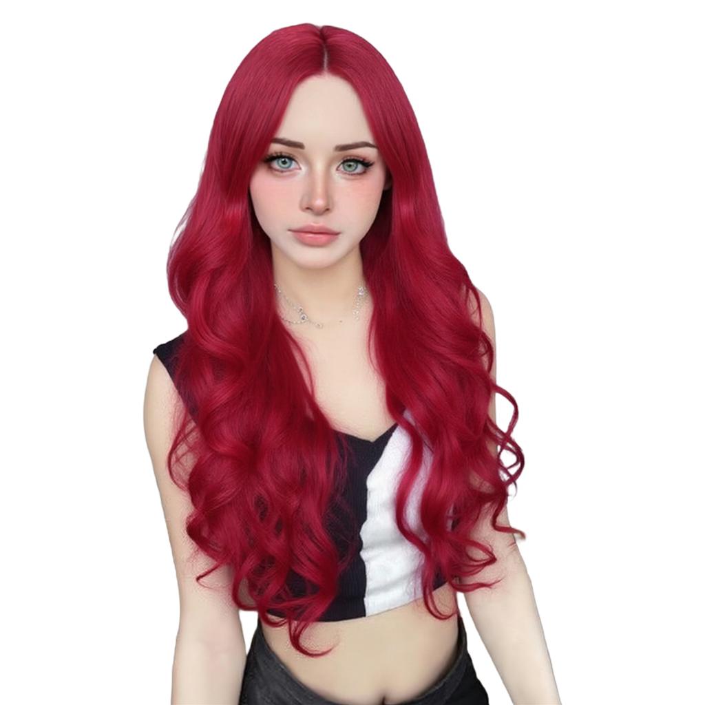 Wine Red Middle Part Wavy Wigs Realistic Cosplay Costume Wigs For Travel Celebrations Weddings