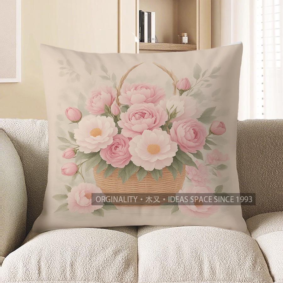 Home Decor Pink Roses In Basket Decorative Pillow Cover Pattern Cushion Cover Suitable For Sofa Bedroom Car Pillow Cover