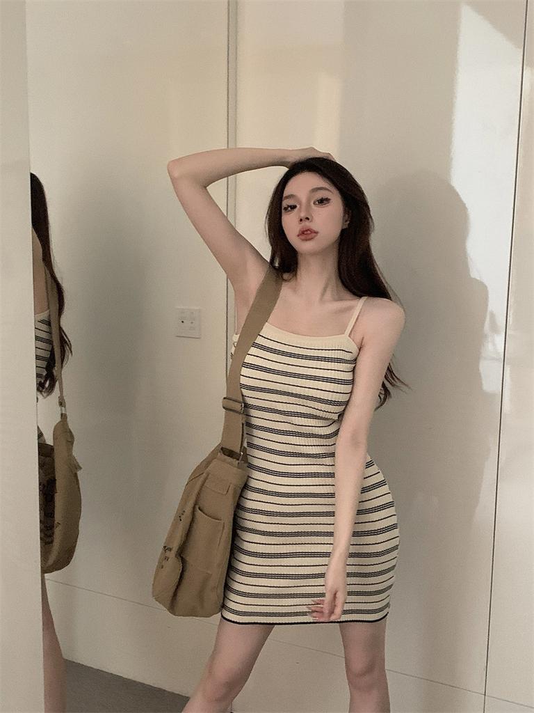 Spice girl retro striped knitted suspender dress women's summer new skirt waist thin a word short skirt