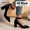 Aphixta 3.94/2.76Inch Super High Square Heels Pumps Women 2cm Belt Buckle Metal Buckle Strap Shoes Pointed Toe Big Size 35-53