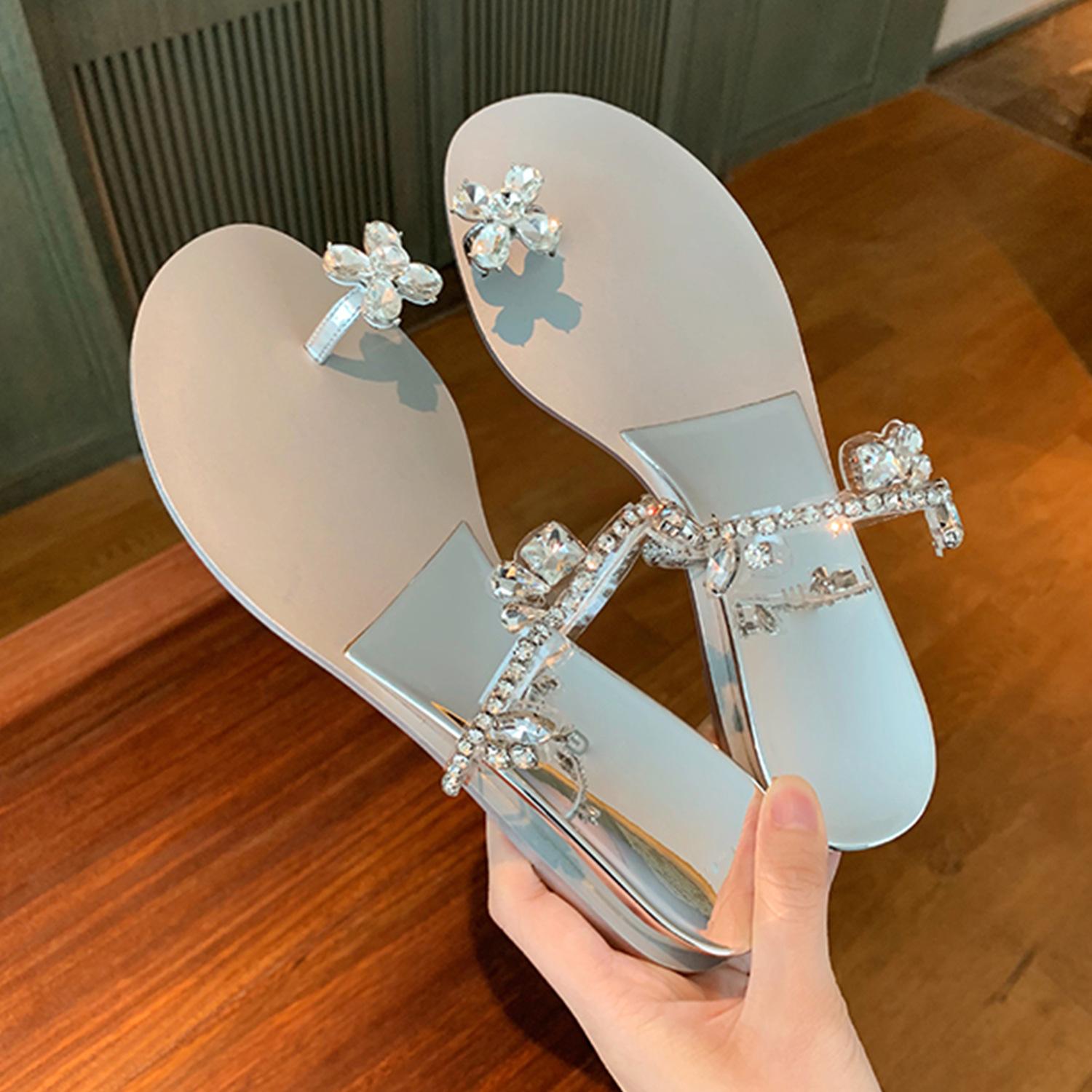 

2025 summer new women s pearl round head flat bottom rhinestone lace one word with comfortable two wear cool slippers 40 серебряный