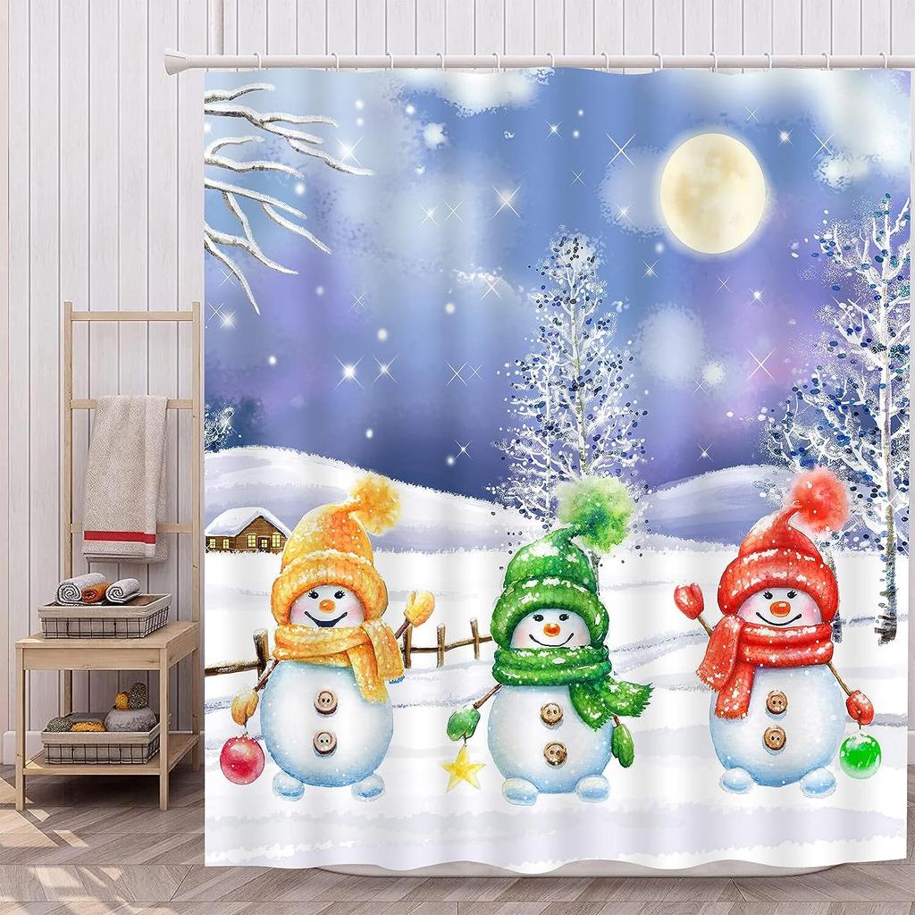 Snowman Cartoon Christmas Winter Shower Curtain Merry Christmas Red Bird Snowy Pine Bathroom Decor Polyester Bathtub Curtain
