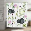 Creative Floral Cat Print Shower Curtain, Bathroom Decor, Waterproof Fabric Pink Rose Green Leaves Design For Home Decoration (W