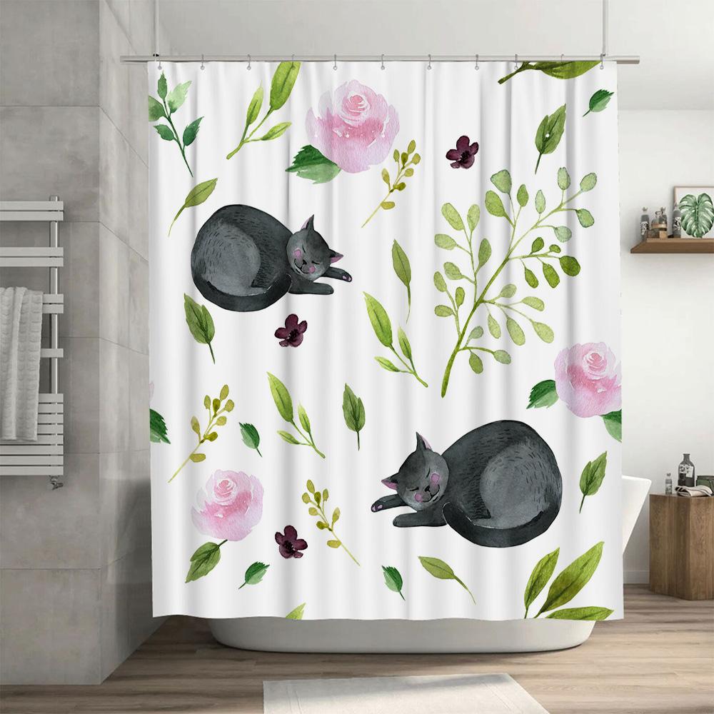 Creative Floral Cat Print Shower Curtain, Bathroom Decor, Waterproof Fabric Pink Rose Green Leaves Design For Home Decoration (W