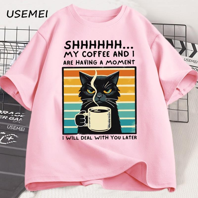Funny Coffee Cat TShirt Summer Cotton Short Sleeve Cat Mama T Shirt Coffee Lover Tee Shirt Retro Cat T Shirt Unisexs Clothes