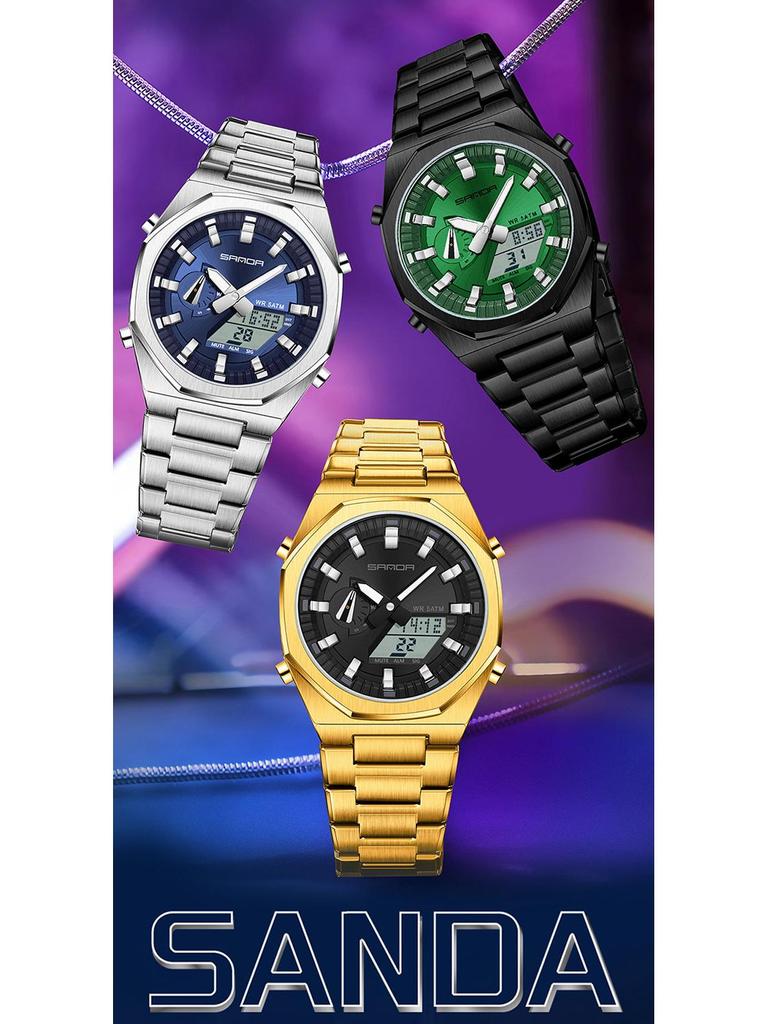 Sanda Men's Multifunctional Dual Display Watch with Countdown, Alarm, Daylight Saving, and Waterproof Features