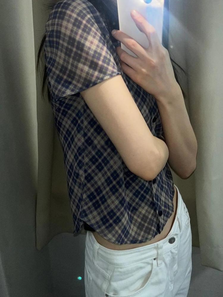 Cămăși în carouri vintage americane, femei de stradă, vară, modă nouă, bluze slim fit, gotic Y2k, e-girl, cu rever, cu gât, topuri scurte pentru femei