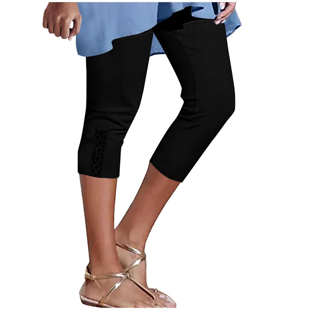Damen Sommer Spitze Hohe Taille Einfarbige Capri Leggings für den Alltag, Europäisch Amerikanische Mode Dehnbar Basic Hose