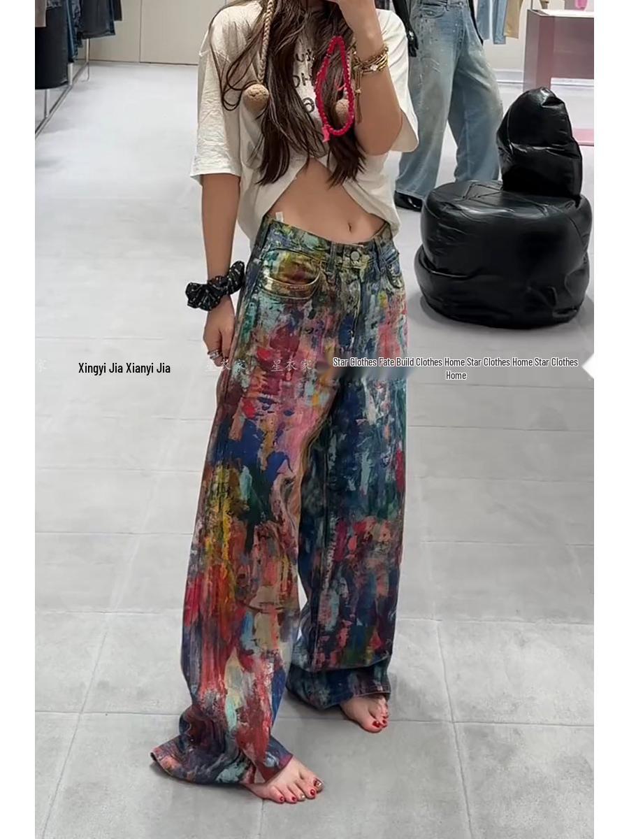 

Unisex Retro Splatter Oil Painting Jeans - 3D Color Print, Floor-Length XXL