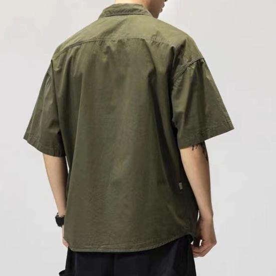 Men Shirt Turn-down Collar Hip Hop Buttons Cool Breathable Single-breasted Cardigan Solid Color Multi Pockets Summer Cargo Shirt Male Clothes