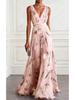 Floral Tulip Print V Neck Sleeveless Maxi Dress with Tie Waist
