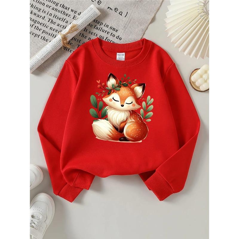 Girls' Soft Round-Neck Sweatshirt - Cute Fox & Leaf Blouse for & Little Girls, Long Sleeve T-Shirt/Suitable for all-Season Casual Wear