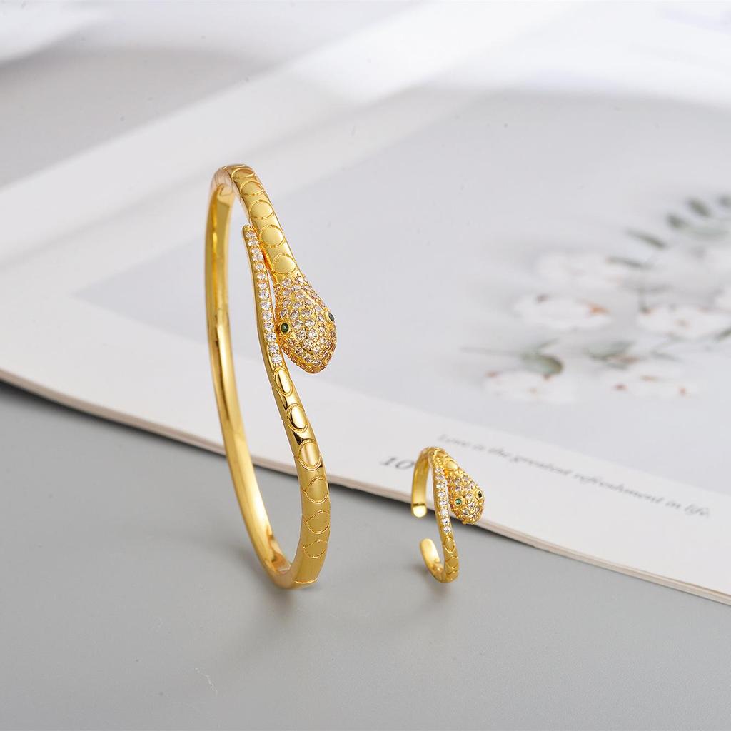 Women's Luxury Snake Bracelet: Fully Diamond-Encrusted, Adjustable Open Design, Niche Style, Copper with Real Gold Plating.