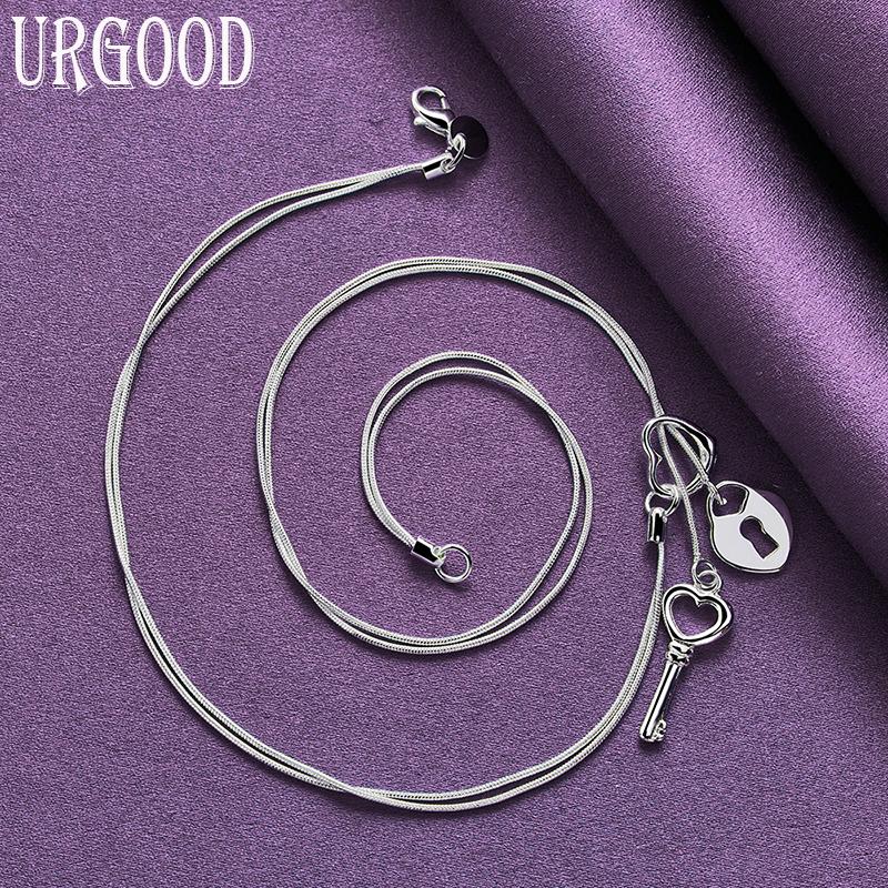 925 Sterling Silver Key Heart Lock Necklace Snake Chain Women's Wedding Fashion Charm Jewelry