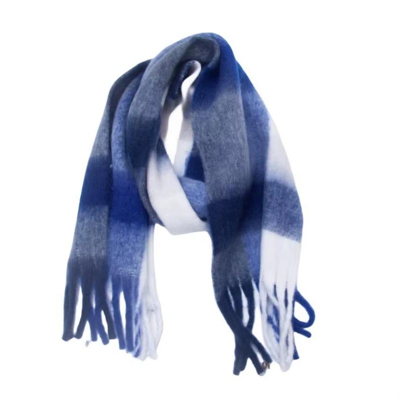 Winter Yarn Thicken Style Luxury Multicolour Plaid Faux Mohair Scarf Women Tassel Long Ring