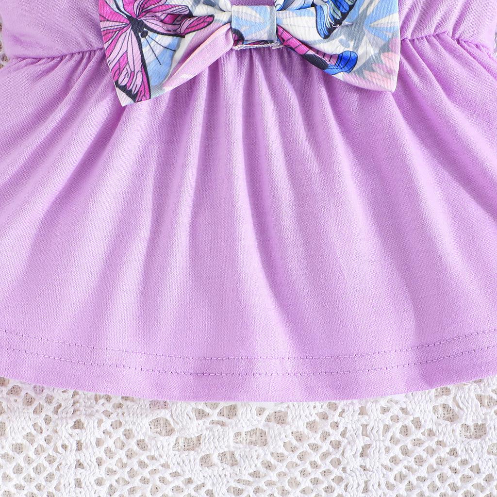 New Summer Baby Girl Flying Sleeve Solid Color Top + Butterfly Print Long Pants Two-Piece Set