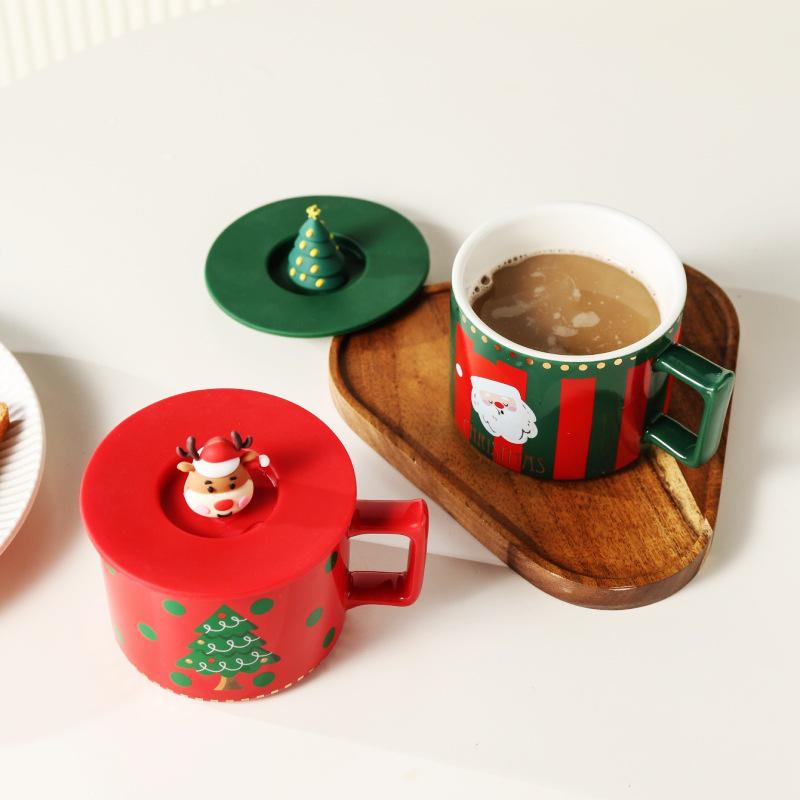 Cute Elk Christmas Ceramic Mug Set with Lid & Spoon - Perfect Holiday Gift