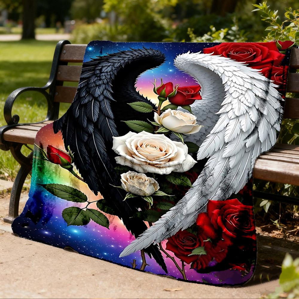 1pc Angel Wings Roses Throw Blanket Polyester Fiber, Lightweight Flannel, Soft & Warm, All Season Use for Outdoor, Camping