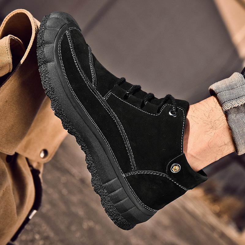 Men'S Casual Shoes Retro Winter Plush Ankle Boots Lace-Up Genuine Leather Outdoor Men'S Boots High Quality Antiskid Cowboy Botas