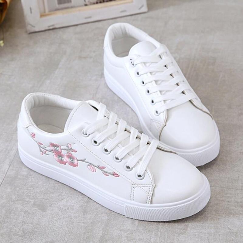 Moda Moda Transpirable Zapatos Vulcanizados Zapatillas para Mujer Plataforma de Cuero PU Cordones Femeninos Calzado Casual Blanco para Dama Zapatillas Deportivas