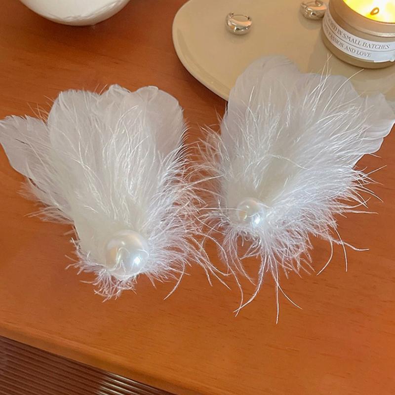 White Swan Feather Pearl Headdress Hairpin Fairy Hair Accessories Side Clip