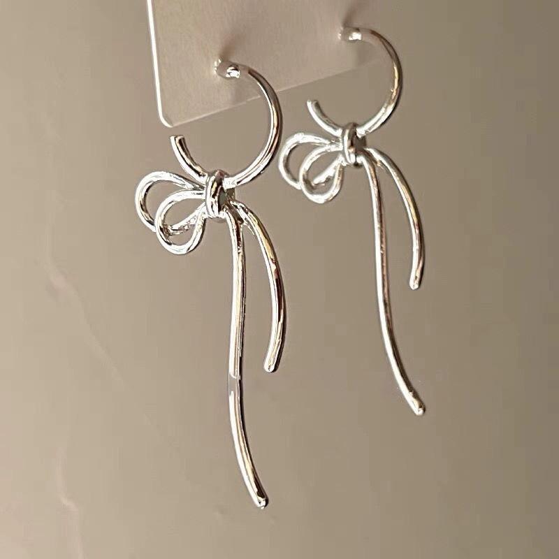 

1 Pair Silver Color Bow Drop Earrings Korean Bowknot Ear Studs Earrings