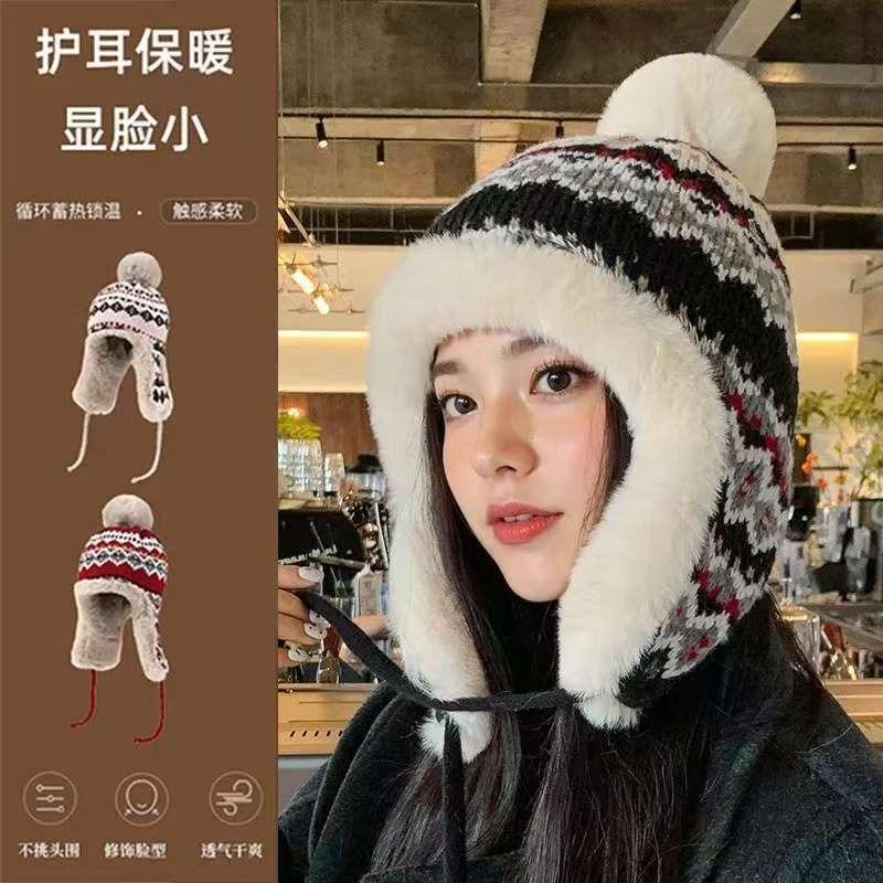 Wool hat female retro cute versatile face small knitted hat winter riding warm ear protection