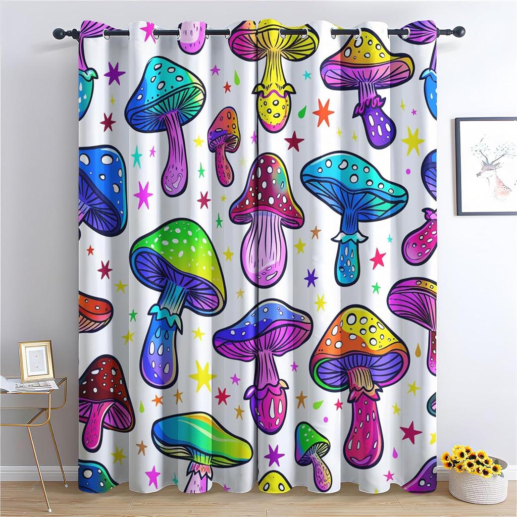 3D Colorful Psychedelic Mushroom World Design Curtains, Blackout Curtains for Living Room Home Decor, Window Drapes,2 Panels