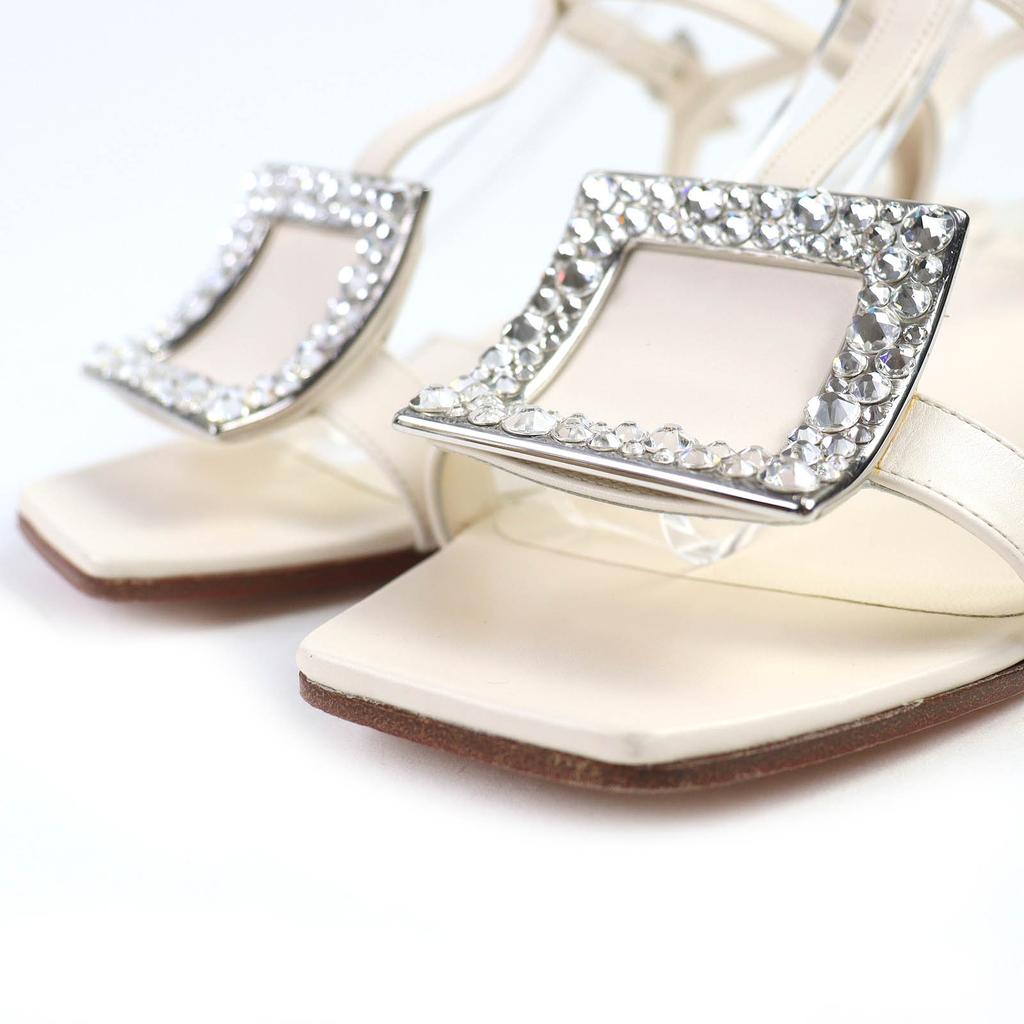 Great ROGER VIVIER Sandals Beaded Ankle with Strap Square Toe Leather Ivory  37 Used