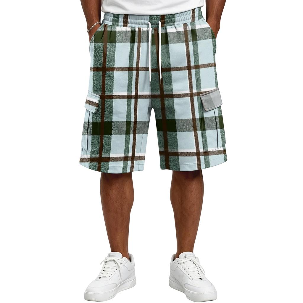 Herren Freizeit karierte Cargoshorts mit Kordelzug Lockerer Schnitt Leicht Atmungsaktiv Sommer Strandshorts mit mehreren Taschen für den Alltag