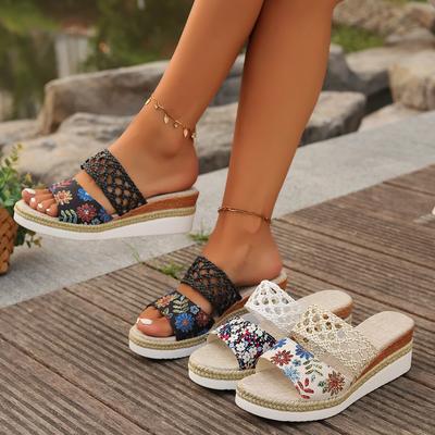 Heel Hollow Foreign Trade Thick Bottom One-word Drag 2025 Summer Wear Hemp Rope Bottom Large Size Floral Cool Slippers 43