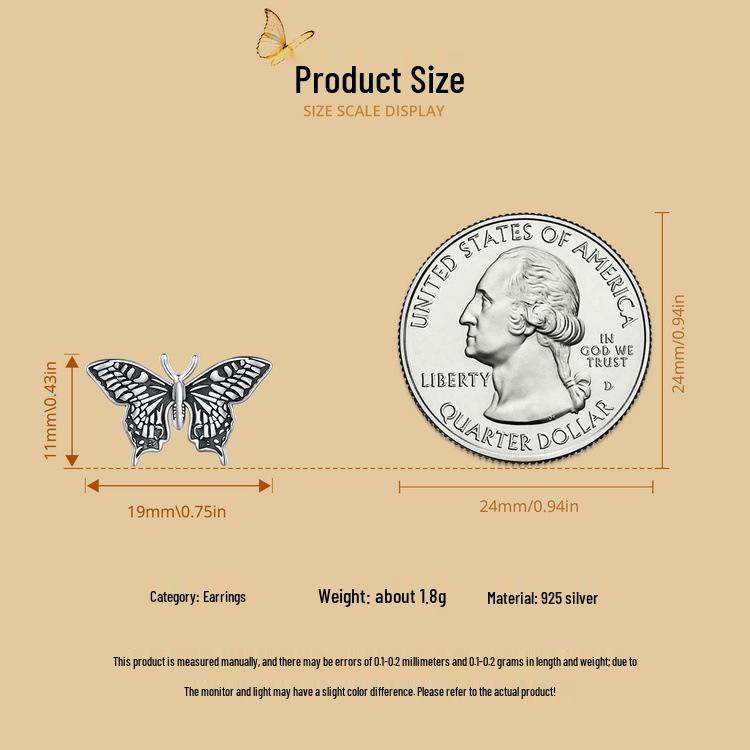 S925 Sterling Silver Butterfly Rose Earrings & Ring Set - Open Ring Design for Women