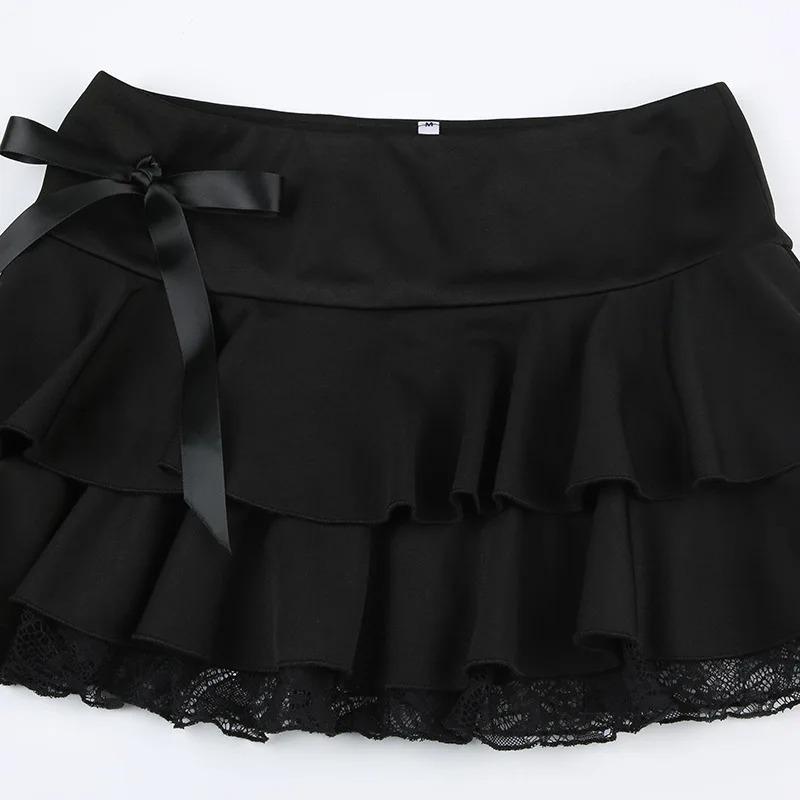 Gótico Y2K Saia Mini A-Line com Laço e Acabamento em Renda Preto Mulher Streetwear Coreano