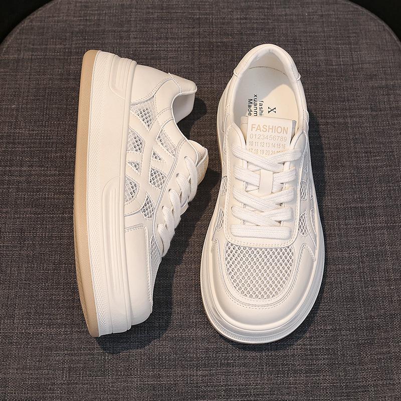 Summer mesh breathable hollow soft leather little white shoes women's shoes 2025 new thick-soled heightening casual sports board shoes