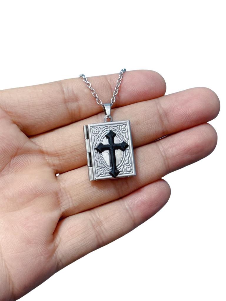 Retro Gothic Blood-red Rose Black Cross Relief Book-shaped Pendant Necklace for Women Men Halloween Stainless Steel Jewelry Gift