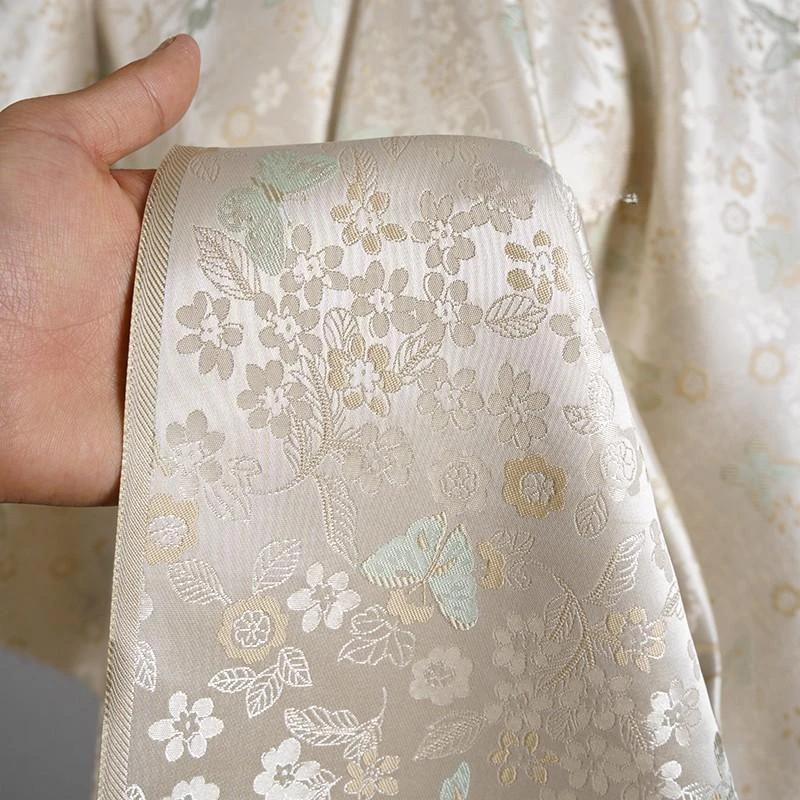 50x150cm/100x150cm Light Yellow Butterfly Flower Brocade Jacquard Fabric New Chinese Coat Vest Silky Luster Clothing Fabric