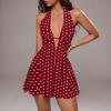 Women's Sleeveless V Neck Polka Dot Print Backless Short Dress Halter Neck Summer Casual Mini Dress