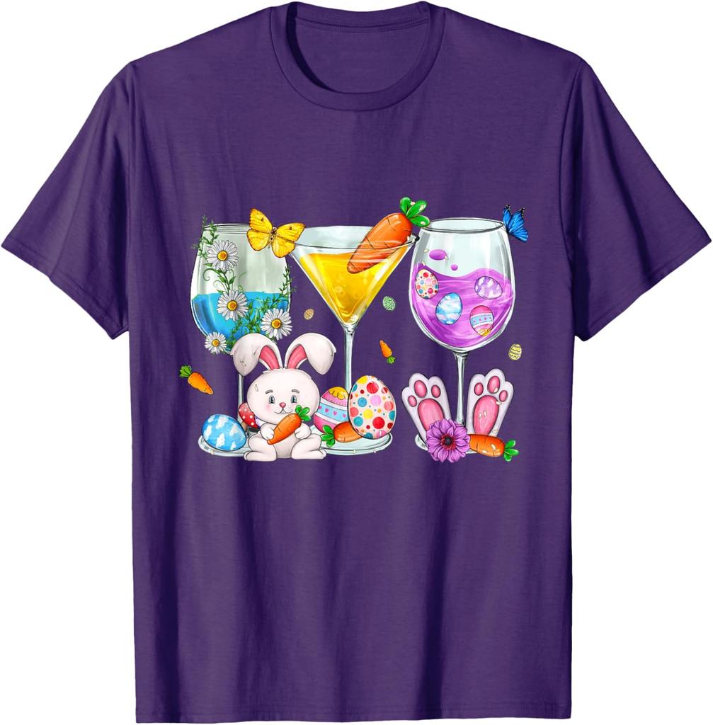 Easter Bunny Cocktail Glasses Wine Lover Martini Graphic T-Shirt Casual Daily Crew Neck Tee