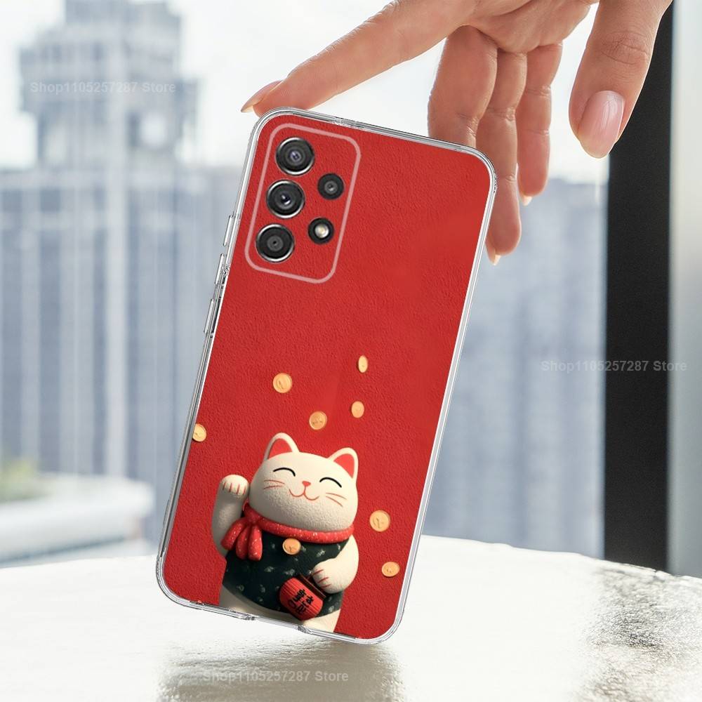 Cartoon Lucky Cat Cute Art Phone Case For Samsung A51,71,30,S21,10,20,Ultra,FE,Lite, S22,23,9,PIus,Transparent, Silicone