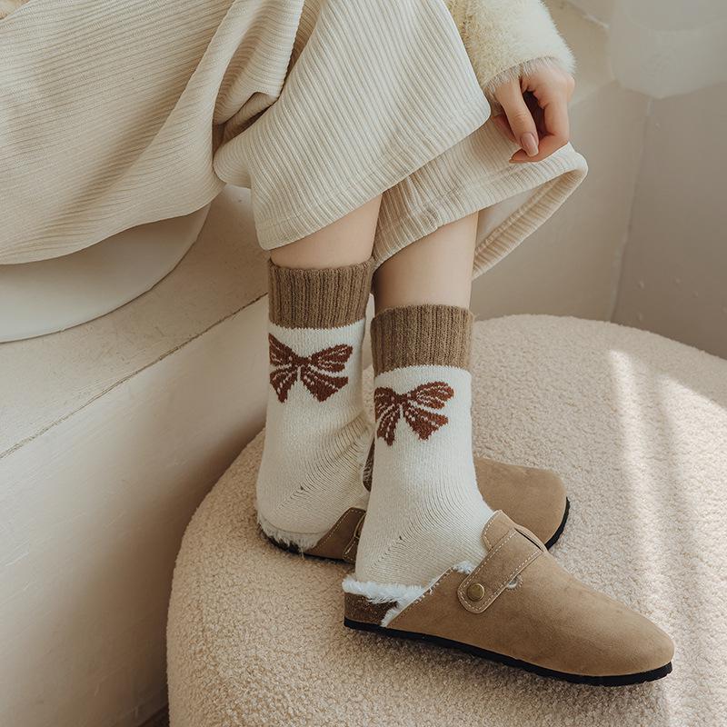 Women's Warm Cashmere Bowknot Mid-Calf Socks - Autumn/Winter Velvet, Thick Terry Cloth, Coffee Color, Over-the-Knee, Postpartum