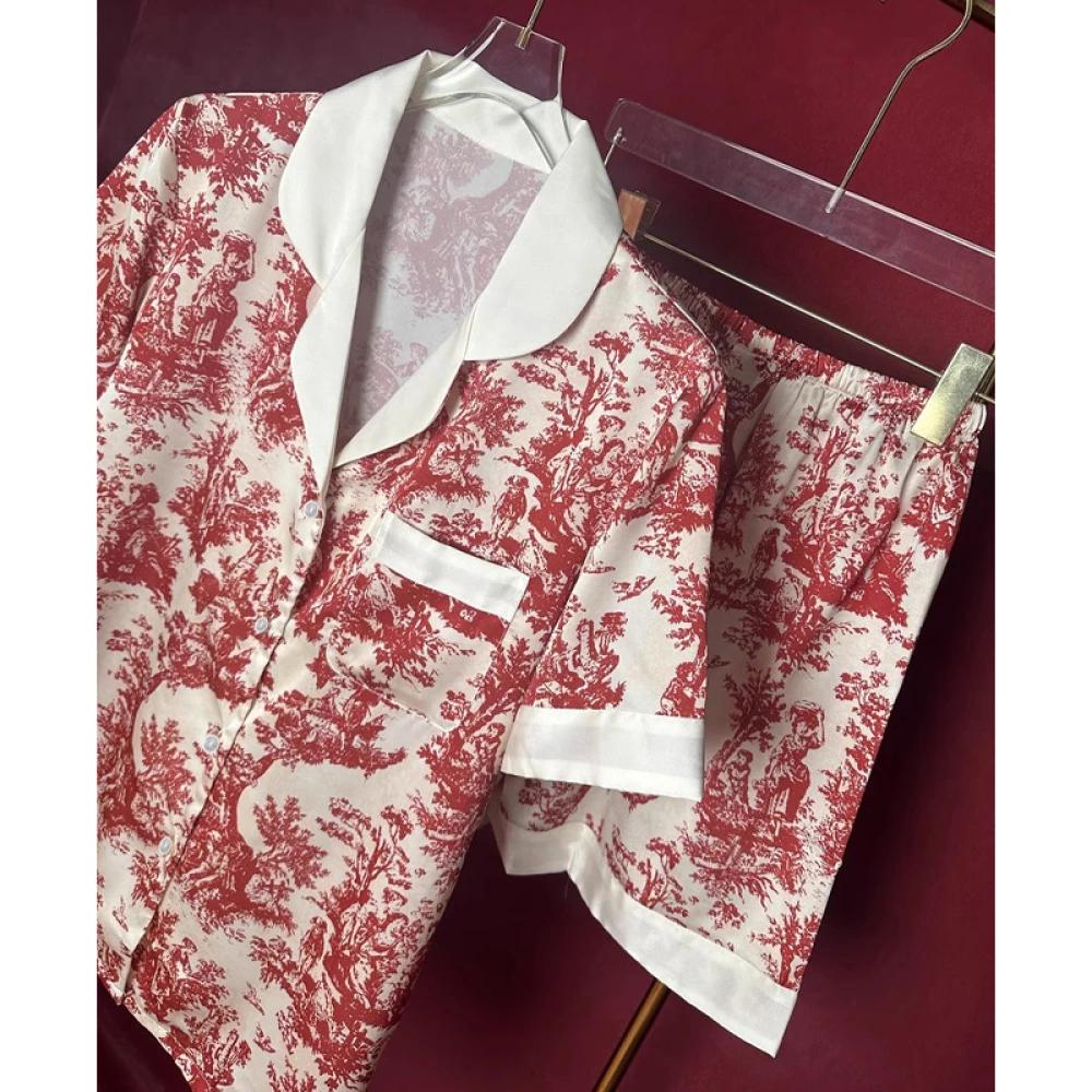 Chinese Style Printed Red Women's Pajamas Short-sleeved Shorts Imitation Silk House Clothes Summer Women's Casual Casual