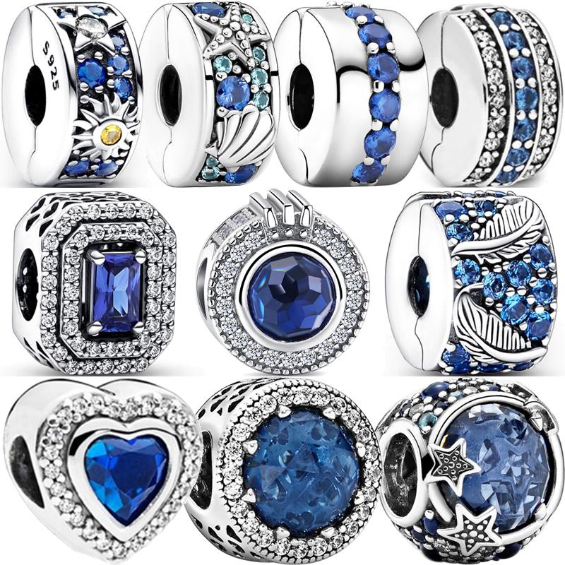 Fit Original Pantaro Charms Bracelet DIY Zircon 925 copper Blue Angel Wings Feathers Crown Star Moon Sun Clip Heart Shiny Beads