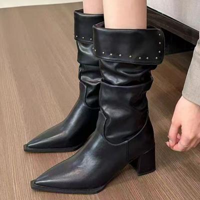 Femmes Talons Hauts Bottes Mi-Mollet Bout Pointu Chaussures en Cuir 2025 Designer Nouvelle Tendance Mode Chelsea Chunky Neige Escarpins Botas Mujer