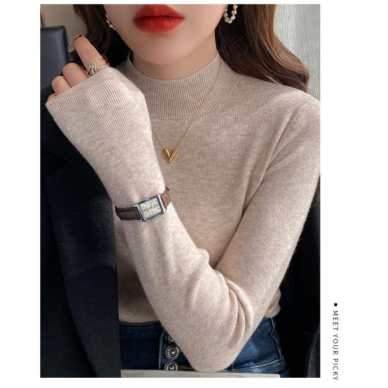 

2025 Пуловер с полуворотником, вязаный свитер, женский, осень-зима, повседневный, простой, базовая рубашка, теплый, новая мода, элегантный, с длинным рукавом, внутренний, облегающий топ One size