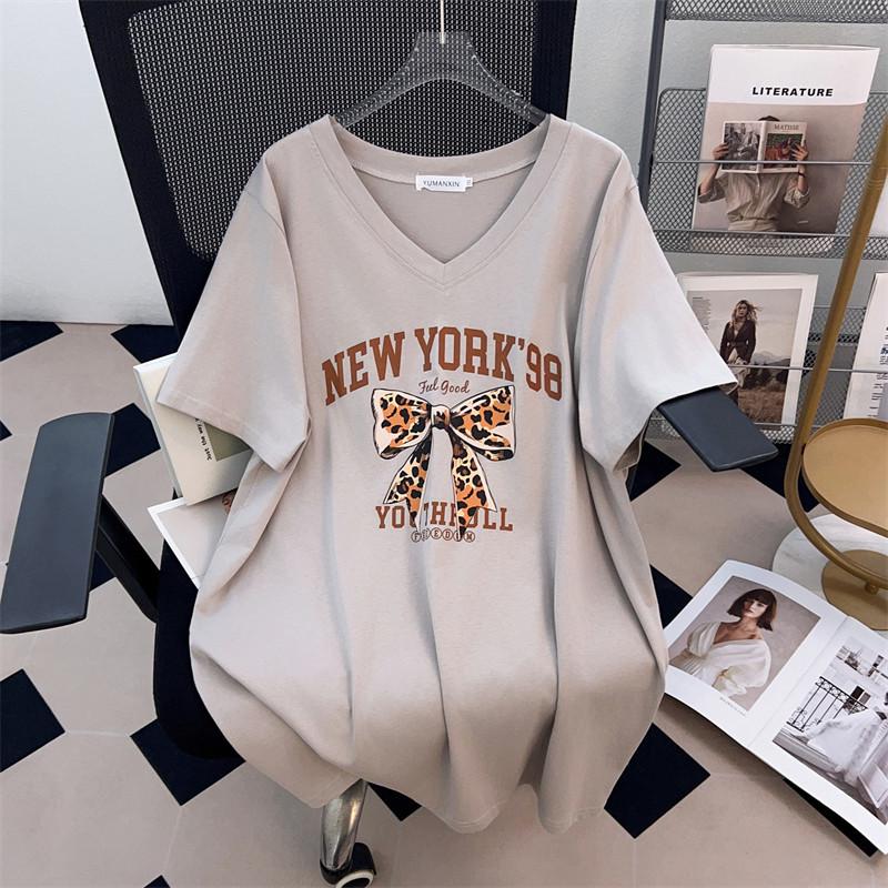 Plus Size V-Neck Slimming Short-Sleeve Mid-Length Women's T-Shirt (200/300/350 Jin)
