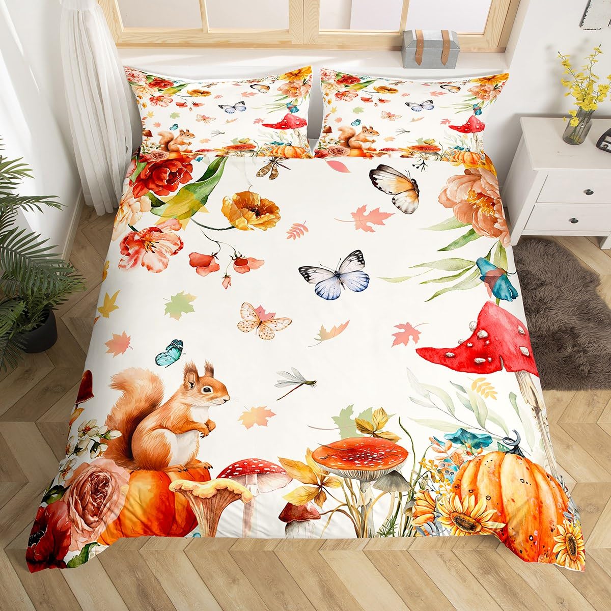 

Cute Squirrel Duvet Cover Cherry Blossom Print Bedding Set for Boys Girls Thanksgiving Day Gift Cartoon Squirrel Comforter Cover EU Single(135x200cm)
