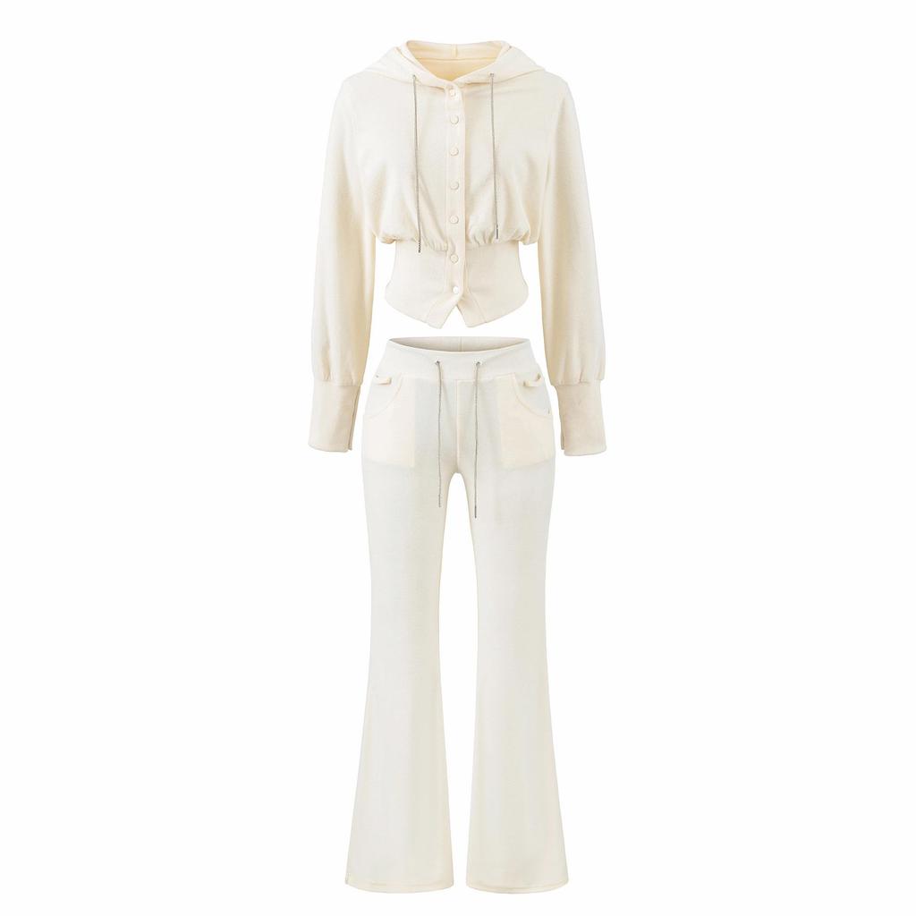 Women's Relaxed Fit: Waist-Cinching Diamond Chain Hooded Cardigan + Micro-Flare Pants Set